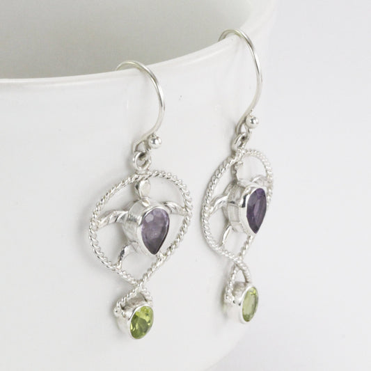 turtle earrings 925 sterling silver for women with amethyst and peridot