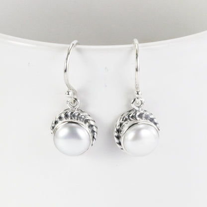 fresh water pearl earrings dangle set in 925 sterling silver, round pearl earrings