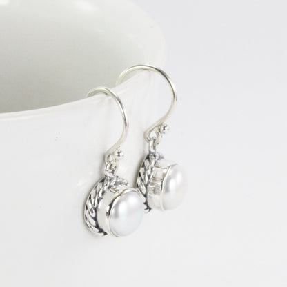 fresh water pearl earrings dangle set in 925 sterling silver, round pearl earrings