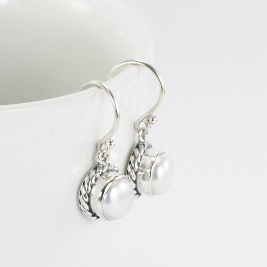 fresh water pearl earrings dangle set in 925 sterling silver, round pearl earrings