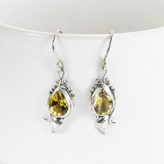 Leaf earrings 925 sterling silver dangle with genuine yellow citrine, teardrop earrings