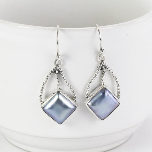 Blue mabe pearl earrings in 925 sterling silver dangle, square pearl earrings