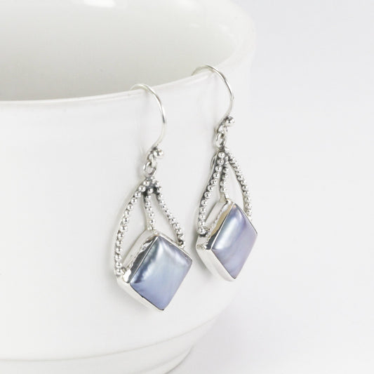 Blue mabe pearl earrings in 925 sterling silver dangle, square pearl earrings