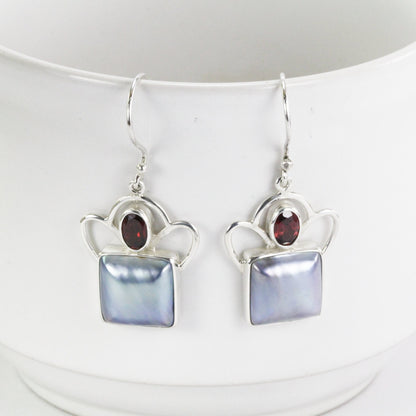 mabe pearl earrings in 925 sterling silver dangle, square pearl earrings with garnet