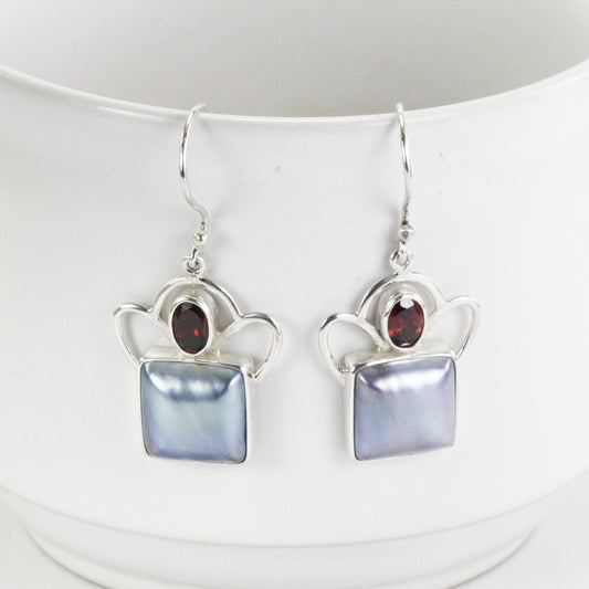 mabe pearl earrings in 925 sterling silver dangle, square pearl earrings with garnet