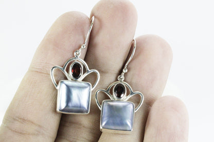mabe pearl earrings in 925 sterling silver dangle, square pearl earrings with garnet