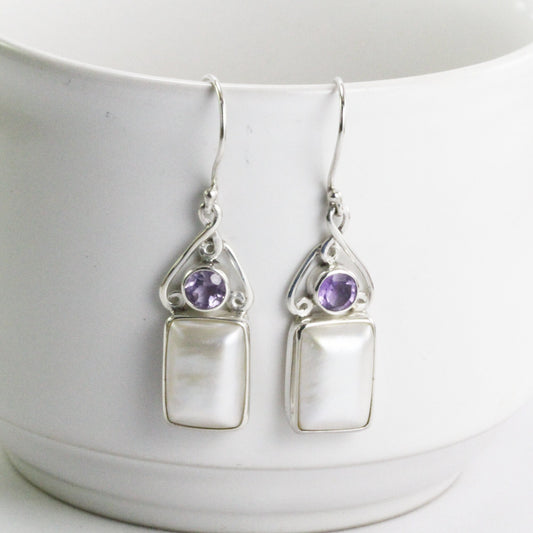 white mabe pearl earrings dangle 925 sterling silver with genuine amethyst,