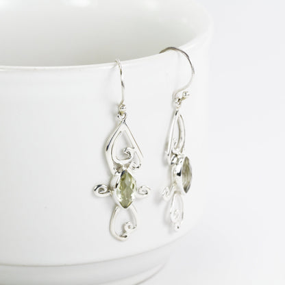 Lemon quarts earrings dangle set in 925 sterling silver decorated with elegant swirl filigree