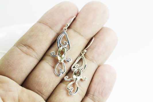 Lemon quarts earrings dangle set in 925 sterling silver decorated with elegant swirl filigree