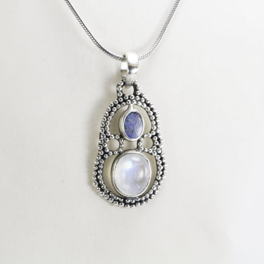 Australian fire opal necklace pendant with Genuine rainbow moonstone bezel set in 925 sterling silver