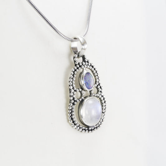 Australian fire opal necklace pendant with Genuine rainbow moonstone bezel set in 925 sterling silver