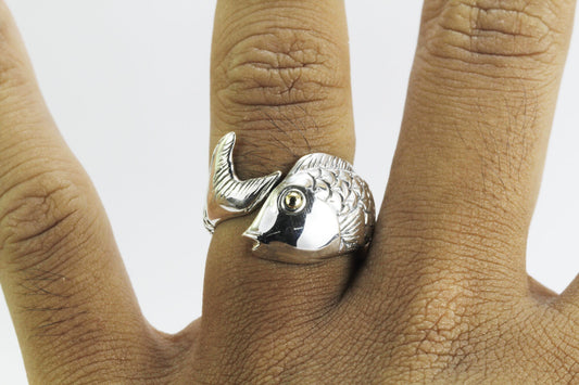 Fish ring 925 sterling silver decorated 18K real gold, animal ring