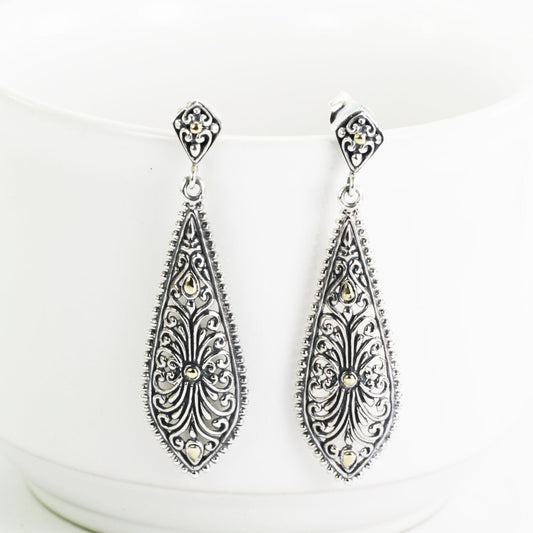 filigree earrings dangle 925 sterling silver decorated with open work carving and 18K yellow gold