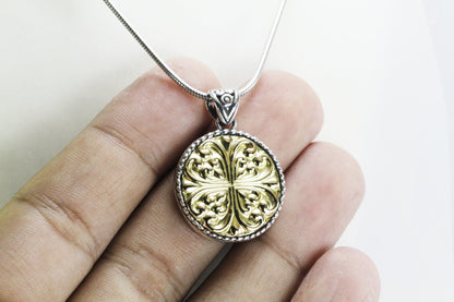 Medallion necklace pendant 18K gold on 925 sterling silver, coin pendant style filigree art real yellow gold