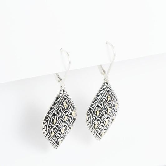 filigree earrings dangle 925 sterling silver decorated with Dragon skin art and 18K yellow gold franch lock