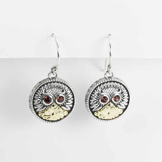 Owl bird earrings 925 sterling silver combined with real gold 18K dangle drop
