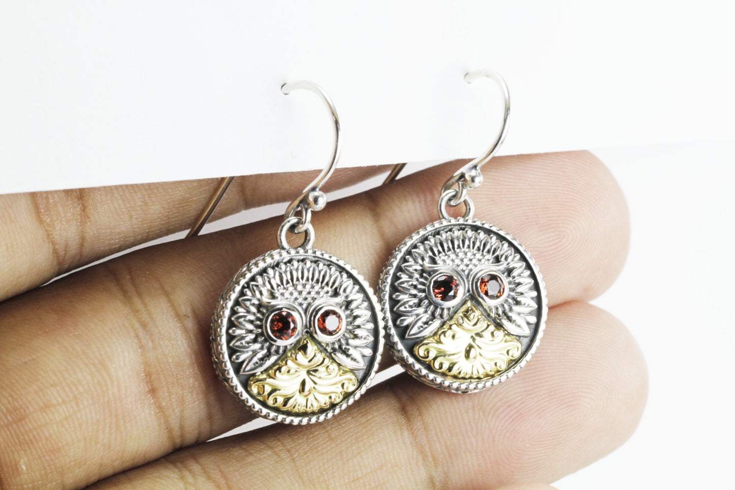 Owl bird earrings 925 sterling silver combined with real gold 18K dangle drop