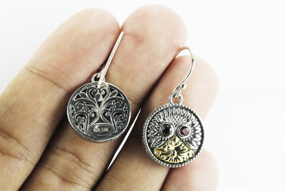Owl bird earrings 925 sterling silver combined with real gold 18K dangle drop