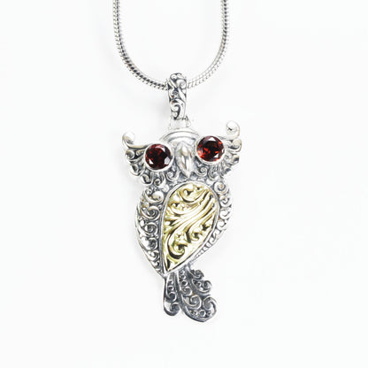 Owl Bird Pendant necklace 18K yellow gold in 925 sterling silver dangle with genuine red garnet on the eyes