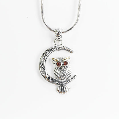 Owl pendant necklace 925 sterling silver decorated with red garnet and 18k Gold