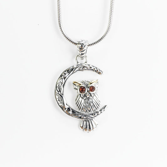 Owl pendant necklace 925 sterling silver decorated with red garnet and 18k Gold