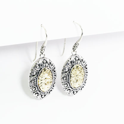 antique Two tone earrings with 18K yellow gold combined with 925 sterling silver, oval earrings dangle