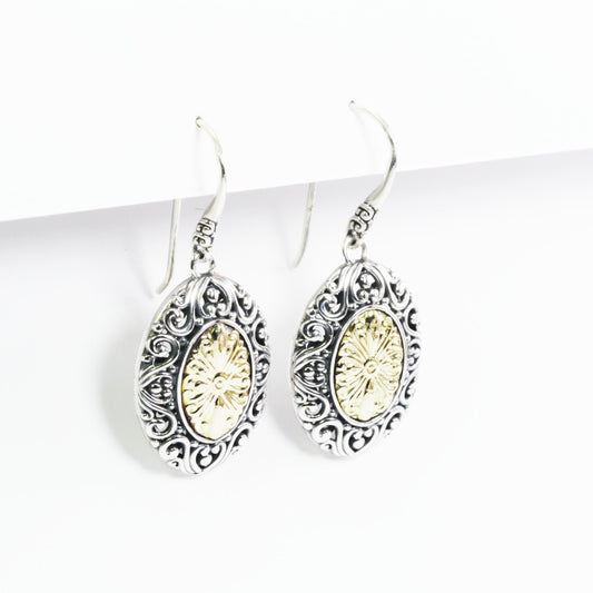 antique Two tone earrings with 18K yellow gold combined with 925 sterling silver, oval earrings dangle