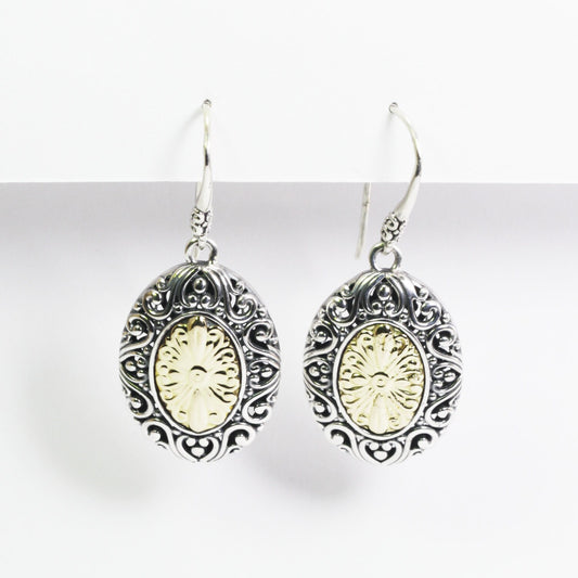 antique Two tone earrings with 18K yellow gold combined with 925 sterling silver, oval earrings dangle
