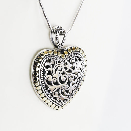 Heart shape pendant necklace 925 sterling silver decorated with open work royal filigree and 18K gold accent