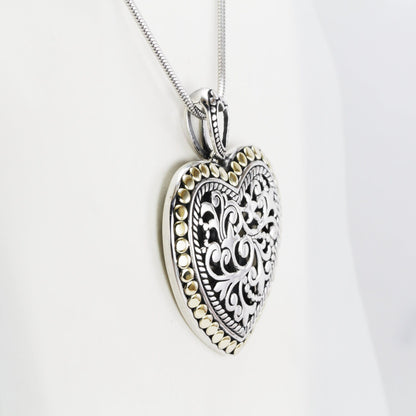 Heart shape pendant necklace 925 sterling silver decorated with open work royal filigree and 18K gold accent
