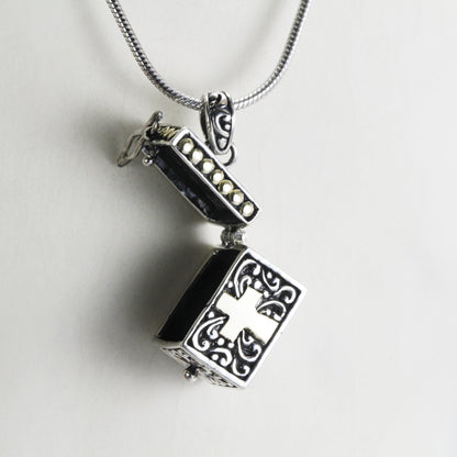 locket pendant necklace 925 sterling silver with cross and royal filigree art 18k yellow gold accent