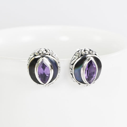 Amethyst earrings stud 925 sterling silver, marquise amethyst earrings stud