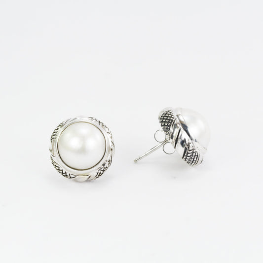White mabe pearl earrings stud 925 sterling silver, 13mm round mabe pearl earrings