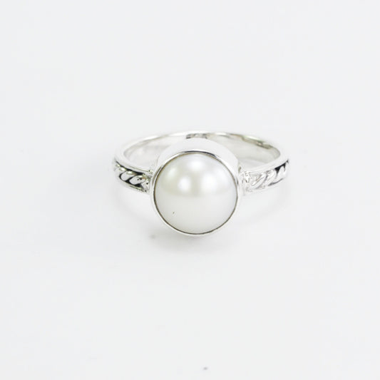 Fresh water pearl ring set in 925 sterling silver, cable rope ring with pearl