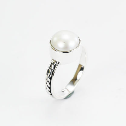 Fresh water pearl ring set in 925 sterling silver, cable rope ring with pearl