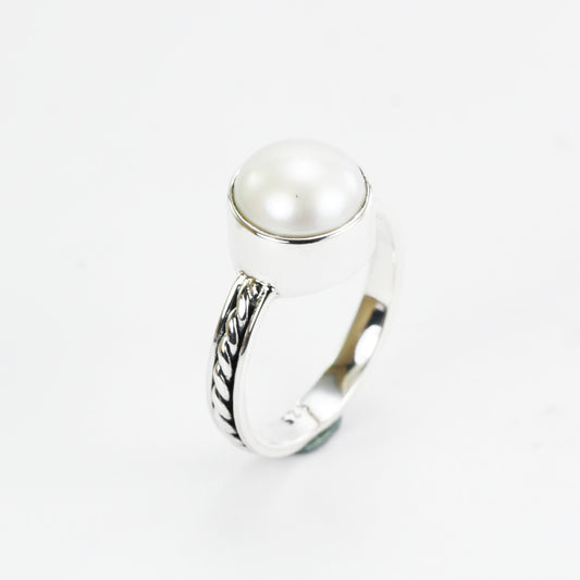 Fresh water pearl ring set in 925 sterling silver, cable rope ring with pearl