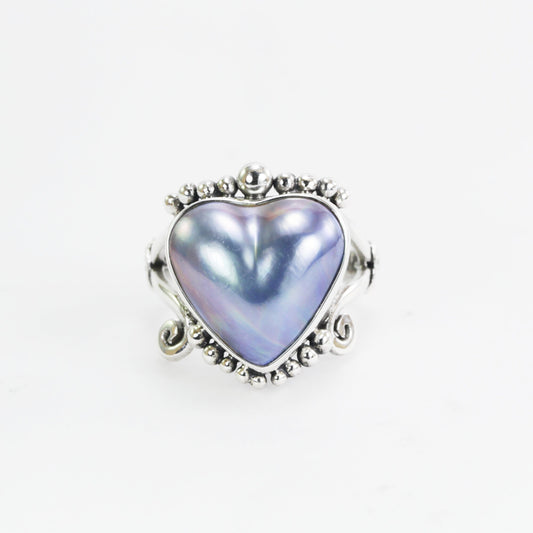 Heart shape blue mabe pearl ring 925 sterling silver, split shank ring