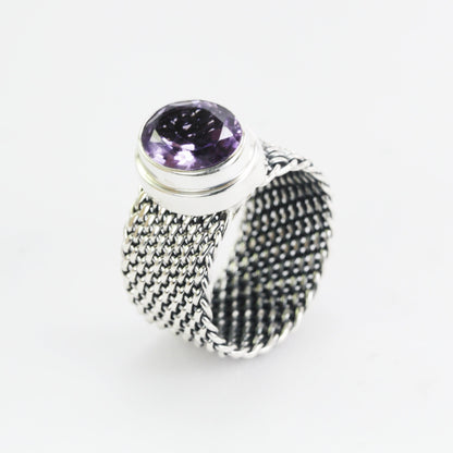 woven chain ring 925 sterling silver with genuine amethyst, citrine ring