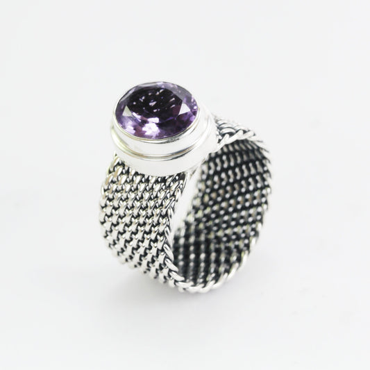 woven chain ring 925 sterling silver with genuine amethyst, citrine ring