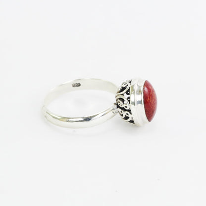 Red coral ring 925 sterling silver decorated with handmade filigree