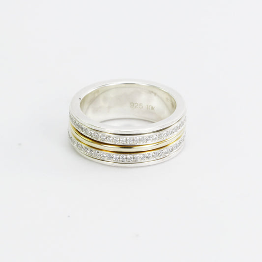 Spinning ring 925 sterling silver with 10K yellow gold and white topaz, spinner ring