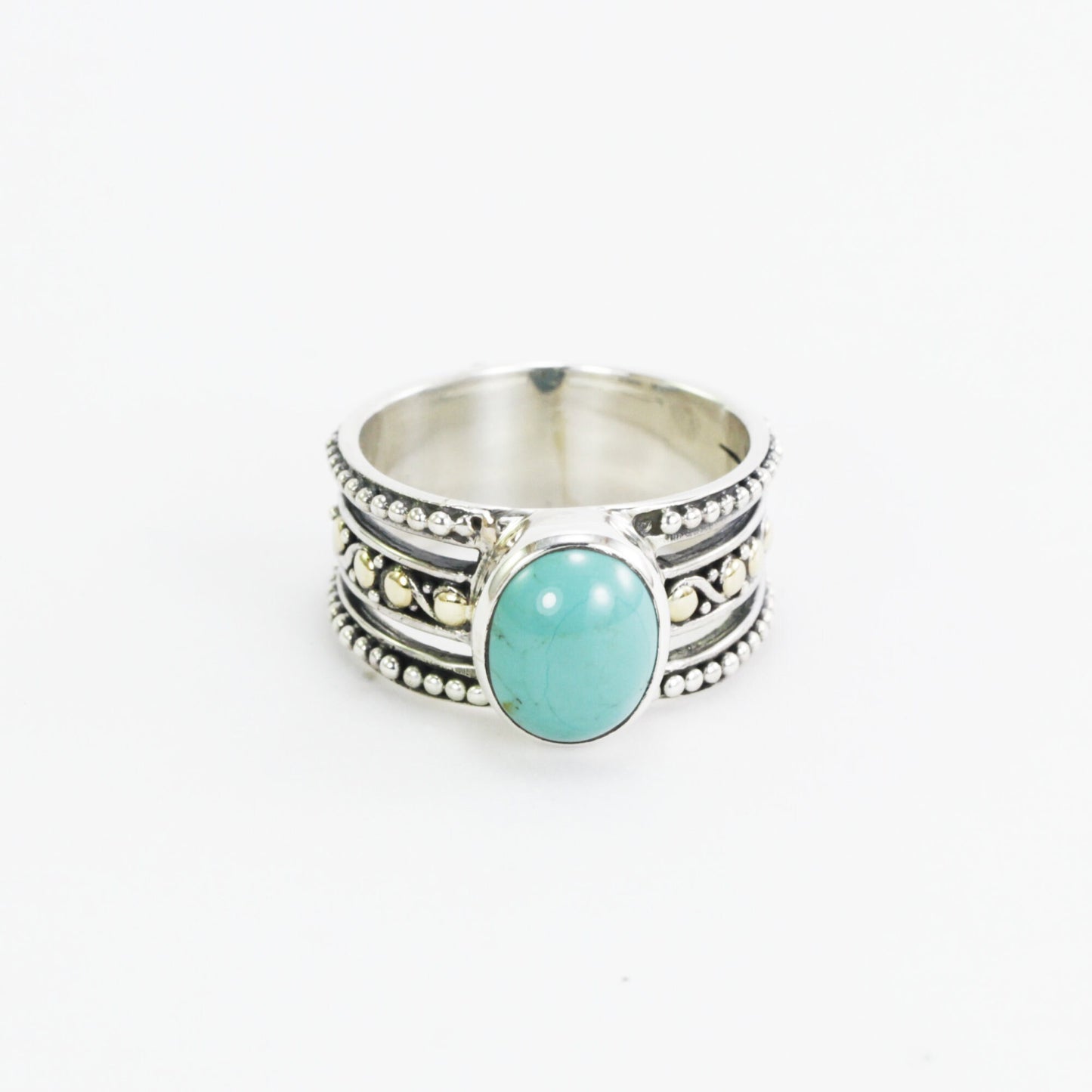 Turquoise ring 925 sterling silver with 18K gold accent and filigree art, amethyst ring, citrine ring, wide band ring