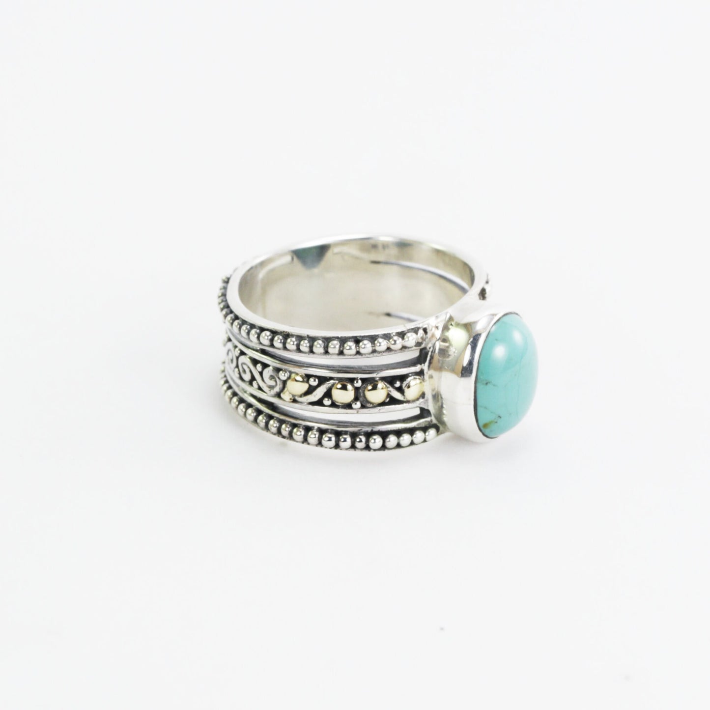 Turquoise ring 925 sterling silver with 18K gold accent and filigree art, amethyst ring, citrine ring, wide band ring