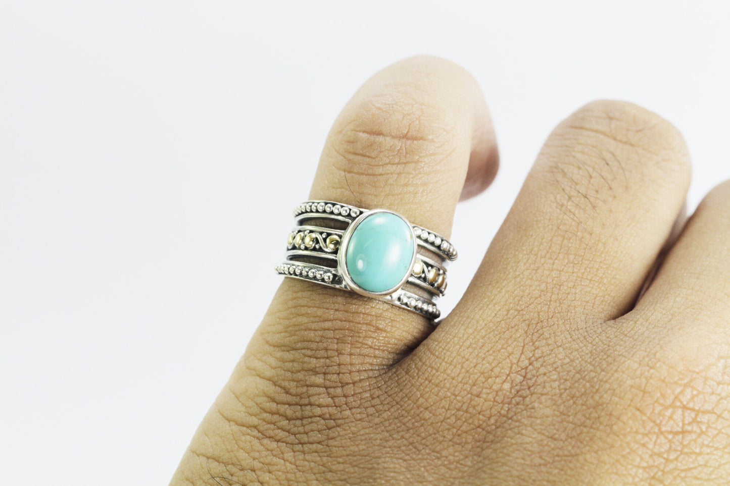 Turquoise ring 925 sterling silver with 18K gold accent and filigree art, amethyst ring, citrine ring, wide band ring