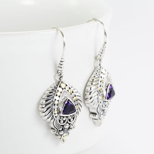 Amethyst earrings dangle drop 925 sterling silver decorated with 18K gold accent