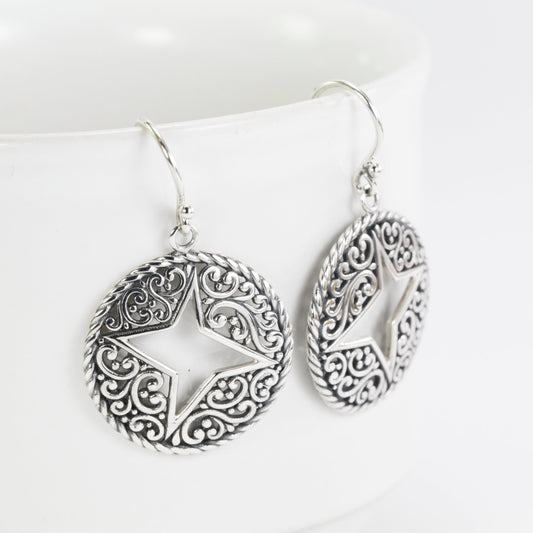 openwork circle earrings dangle drop 925 sterling silver, filigree earrings, cable rope earrings