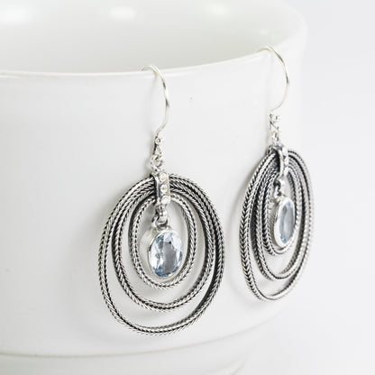 blue topaz earrings dangle drop 925 sterling silver decorated with dragon bone chain