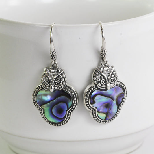 Owl earrings 925 sterling silver with genuine abalone decorated with swirl filigree