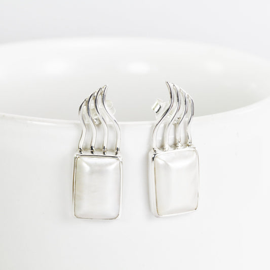 White mabe pearl earrings stud set in 925 sterling silver, square pearl earrings, octagon drop earrings