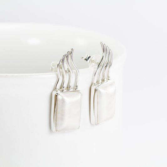 White mabe pearl earrings stud set in 925 sterling silver, square pearl earrings, octagon drop earrings